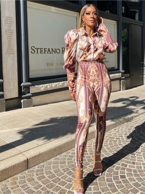 Brown Cream Baroque-Print High-Waist Pant Set